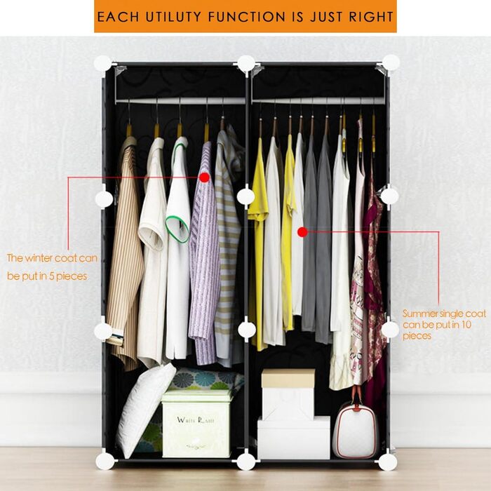 BRIAN & DANY 12-Cube Wardrobe, Modular Closet Storage Unit, Plug-in Shelf System, Plastic Closet with Doors & 2 Hangers, Additional Stickers Included (8 Cube, Black and White)
