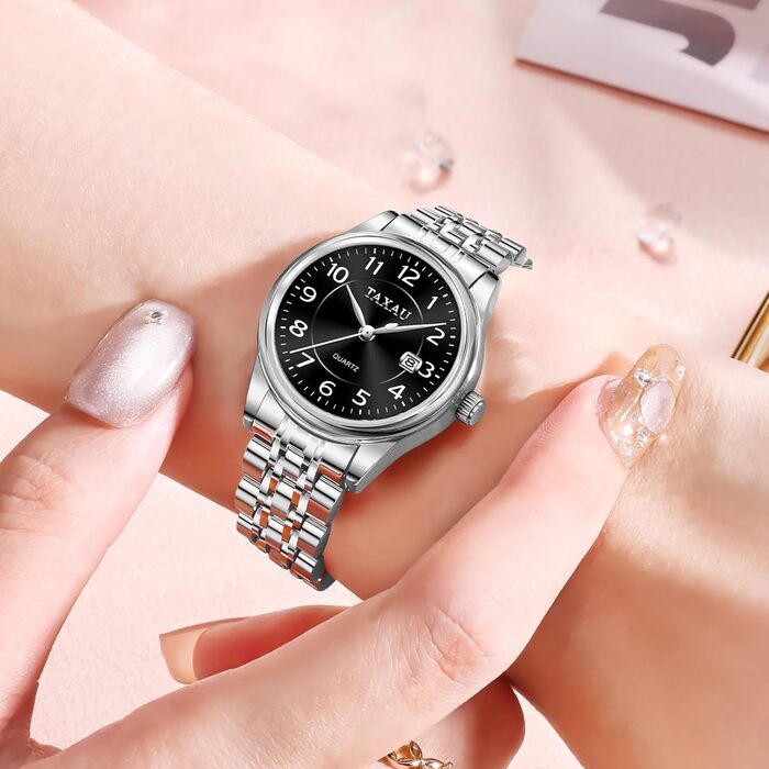 Жіночий годинник з арабськими цифрами, маленьке циферблат, Easy Read, з датою, з нержавіючої сталі, водонепроникний, сріблястий браслет, чорний циферблат (L8863G)