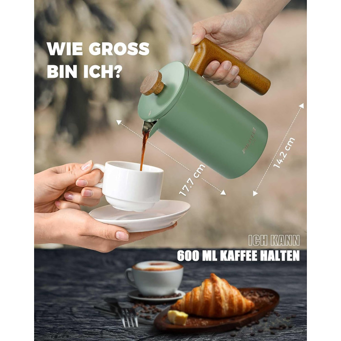 Poliviar French Press Coffee Maker 600 ml/21oz, Double-Walled Insulated Coffee Pot and Tea Maker, Manual Filter Coffee Press with Plunger & Wooden Handle, Flatland (Green) JX2024-SFPN-DE