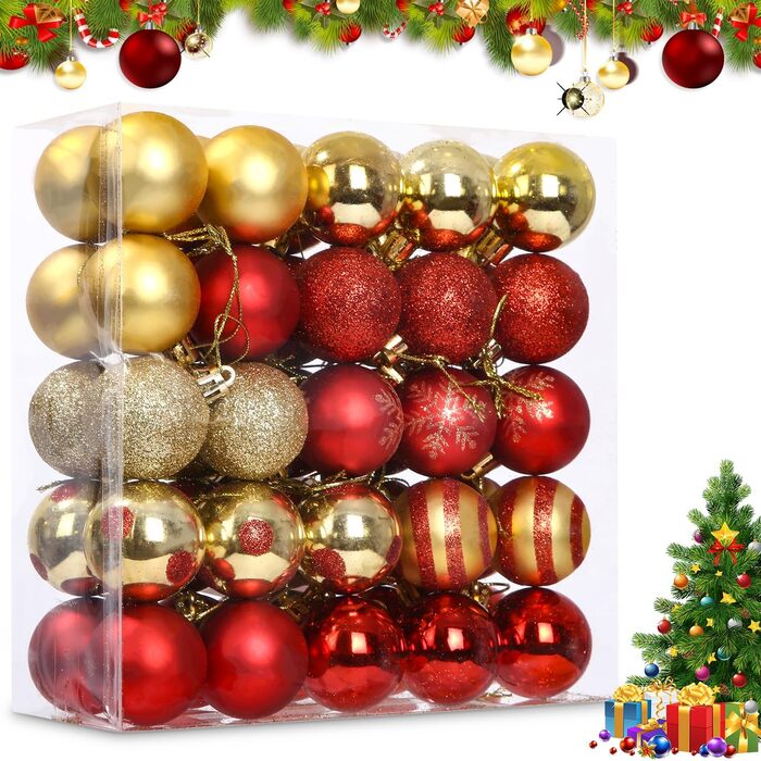 Набір ялинкових прикрас 50 шт. Червоні та золоті кулі для ялинки, міцний пластик, з гачками, для дому та саду