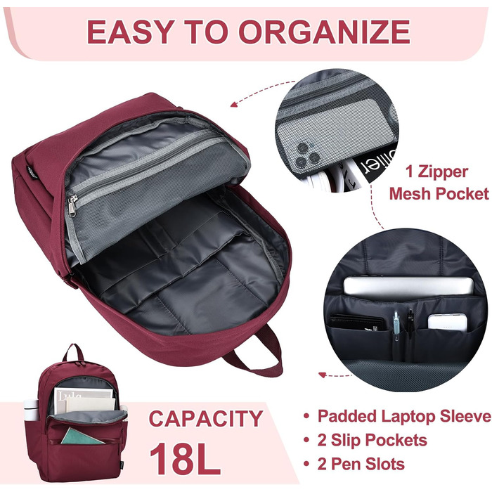 Рюкзак RAVUO для чоловіків та жінок, 15.6 дюймів, водонепроникний, для підлітків, для школи, подорожей, роботи, чорний, бордовий