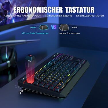 Бездротовий комплект клавіатури та миші RedThunder 75% QWERTZ RGB з підсвічуванням, для ПК Xbox PS5, чорний. Підтримка мультимедійних функцій та оптичний сенсор 7D.