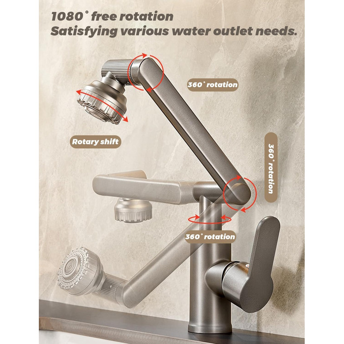 Кухонний змішувач Vorfenster з поворотним гусаком 1080°, 2 режими струменя, нержавіюча сталь, для кухні/ванної кімнати