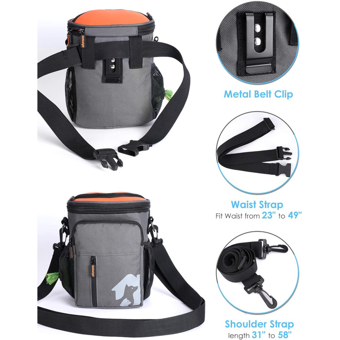 Набір для собак: ласощі Hundeleckerlis, кликер для тренувань, сумка на пояс з дозатором кульок, кишенька для ласощів (сірий/помаранчевий)