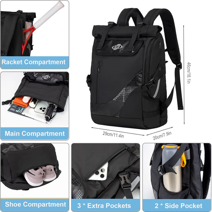 Спортивна сумка для тенісу UtiaMiaoGonGo - рюкзак для ракет, вміщує 2 ракетки, з відділенням для взуття, підходить для бадмінтону та падел-тенісу