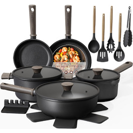 Набір посуду Astercook (19 предметів): каструлі та сковорідки з титановим антипригарним покриттям для індукційних плит, без PTFE, PFOA та PFOS, чорний
