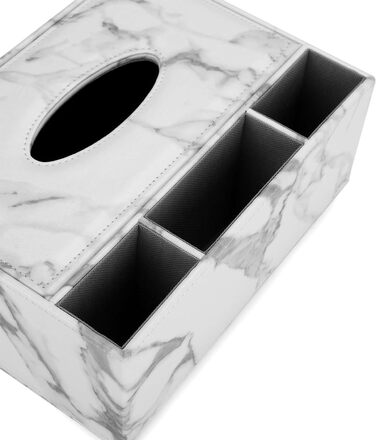 BSTKEY Tissue Box Rectangular Faux Leather Tissue Box with Remote Control (White Marble)
