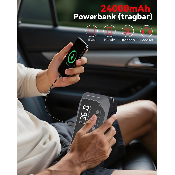 Портативний пусковий пристрій OGORI K33 з компресором 150 PSI та LED ліхтариком для автомобілів 12V (бензин 8L/дизель 10L)