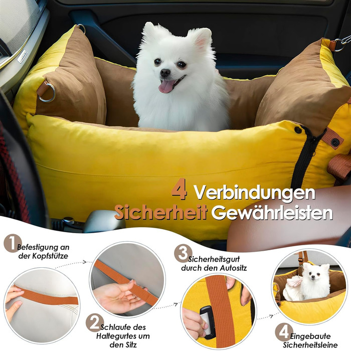 Portable Dog Car Seat for Small & Medium Dogs Under 15KG - Washable Travel Bed with Storage & Safety Belt (Green & Yellow)