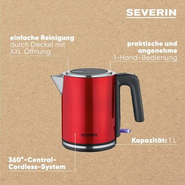 Електричний чайник Severin WK 3427, 1 л, червоний, з фільтром від накипу, нержавіюча сталь