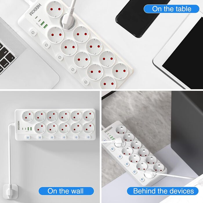 Многорозетка HEEKIM з USB, 11 розеток (2 USB-A, 2 USB-C), 4000W, 16A, з індивідуальним вимикачем, 2м кабель, для дому, школи, офісу