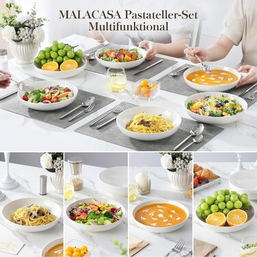 Набір посуду MALACASA, 6 предметів: тарілки для пасти, супу, салату, сервірування. Білий порцелан, 1250 мл