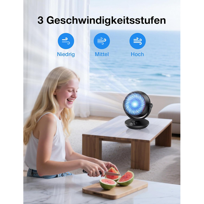 Вентилятор Acoolir тихий 24dB з двома осями обертання, 3 швидкості, для спальні, офісу, вітальні (чорно-червоний)