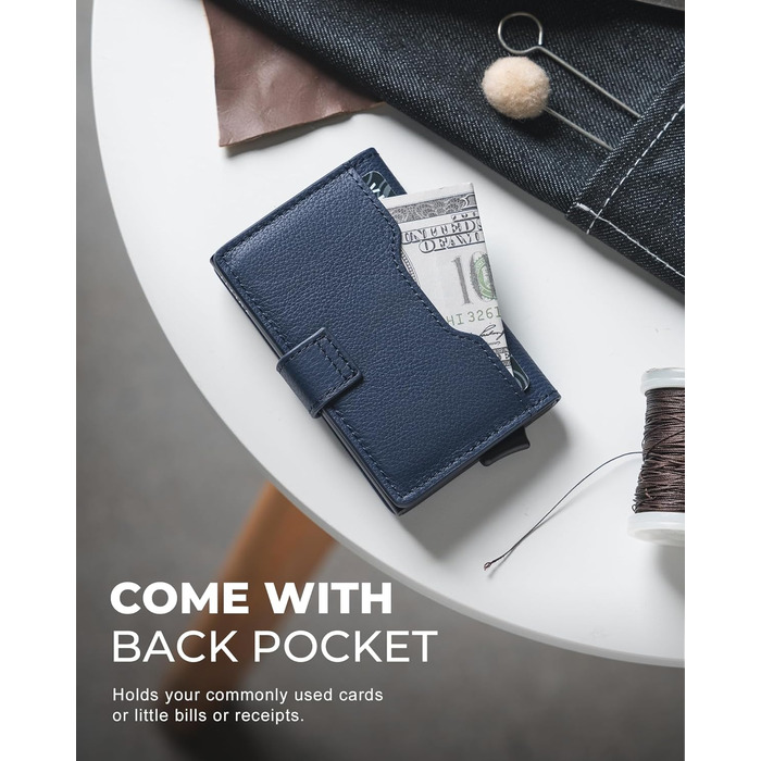 Чоловіче картхолдер VULKIT з RFID блокуванням, з металу, на 3 картки та віконцем для посвідчення, компактний гаманець, шкіряний, з магнітною застібкою, бордовий (справжня шкіра Litchi Navy)