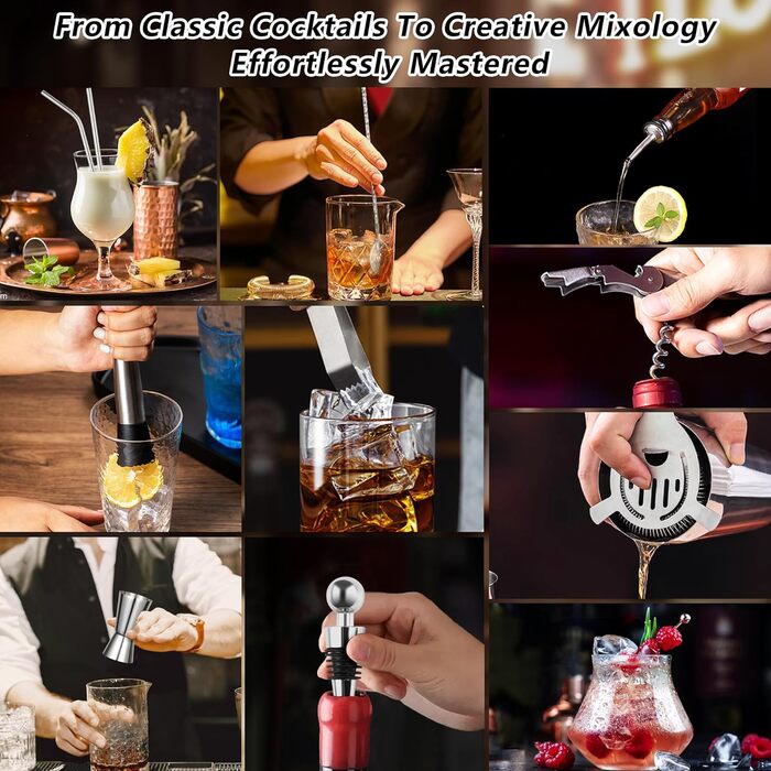 Набір для коктейлів 12 шт. з нержавіючої сталі 750 мл з підставкою з бамбука та книгою рецептів, набір шейкерів для коктейлів, подарунок для чоловіків та жінок (домашній бар, вечірка, весілля), сріблястий