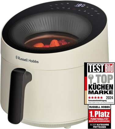 Russell Hobbs Hot Air Fryer 5L [10 Programs | with Viewing Window] AirFryer (Oil-free Frying, Frying, Grilling, Roasting, Baking, max 200°C, Dishwasher Safe, Cream) SatisFry Panoramic 27421-56