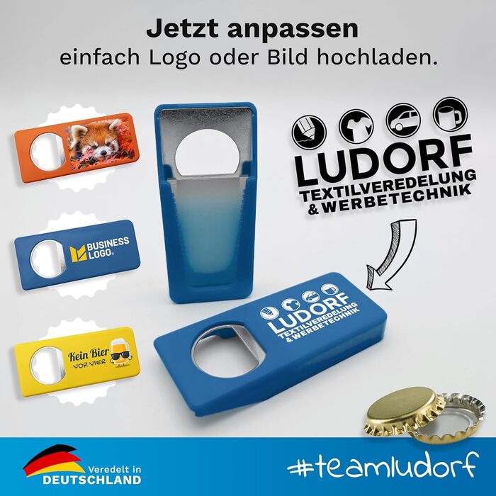 Персоналізований відкривачка для пляшок #teamludorf, з кришкою, синій, друк фото та тексту, 7 кольорів