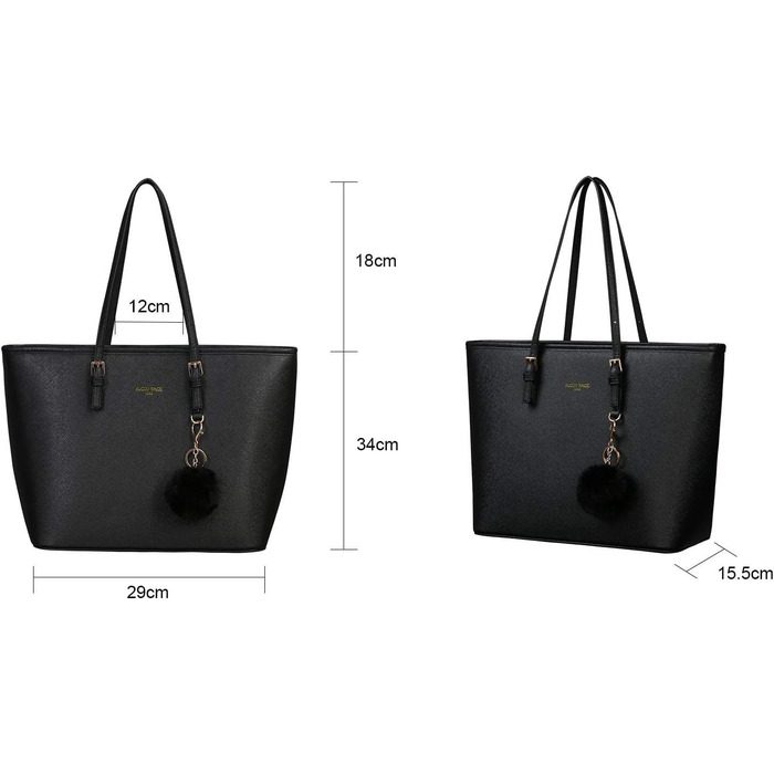 Сумка жіноча URAQT чорна шкіряна, шопер для офісу, школи, покупок з помпоном з хутра кролика та брелоком