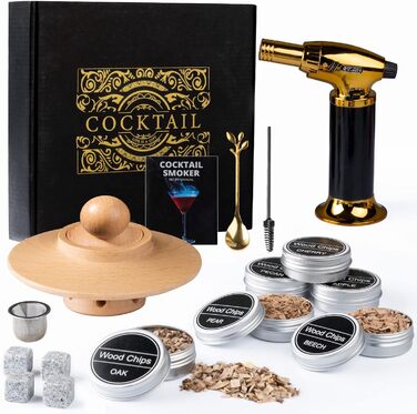 Набір для копчення віскі – Old Fashioned Cocktail Geschenkset: 6 дерев'яних чіпсів, 4 гранітні камені, запальничка та аксесуари для любителів віскі та коктейлів (без бутану), класичний набір