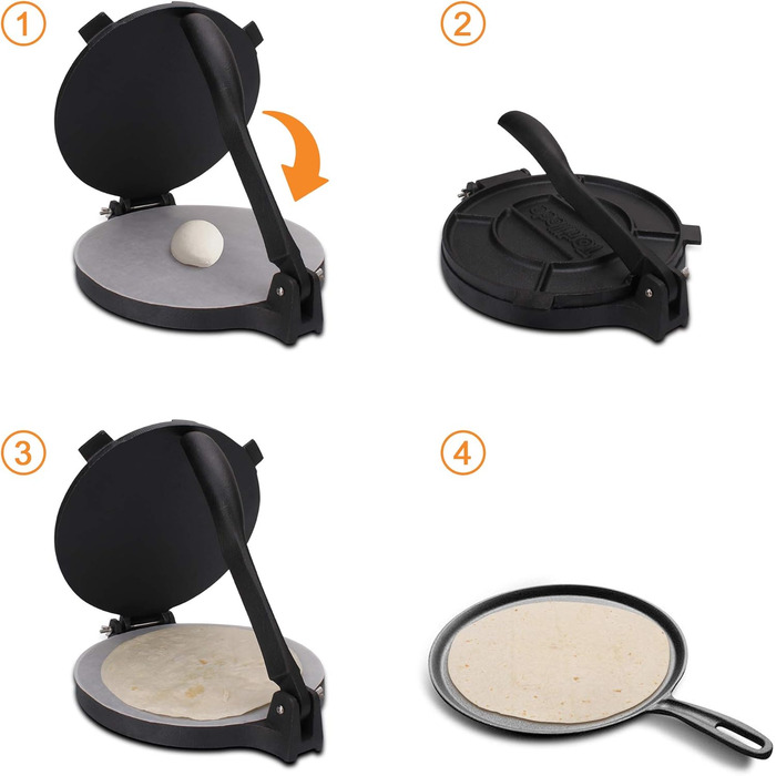 Пресс для тортилій та кесаділь, ротатор з чавуну з рецептами та E-Book з 50 рецептами (16 см)