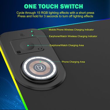 Ігровий RGB килимок для миші з бездротовою зарядкою Qi 15W, 800x350x4мм, 10 режимів підсвічування, швидка зарядка 10W для iPhone та навушників, водонепроникний, протиковзаючий (Чорний)