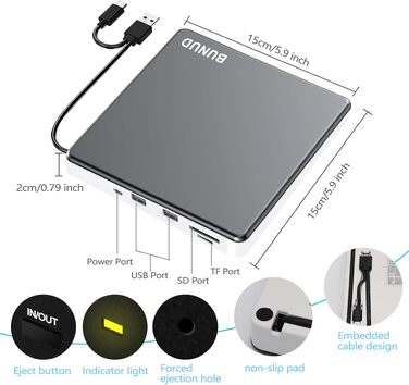 Зовнішній CD/DVD привід BUNUD USB 3.0 та Type-C, портативний DVD-брунер з картридером SD/TF та 2 USB-портами для ноутбука, PC, iMac, Windows та macOS, сіро-білий
