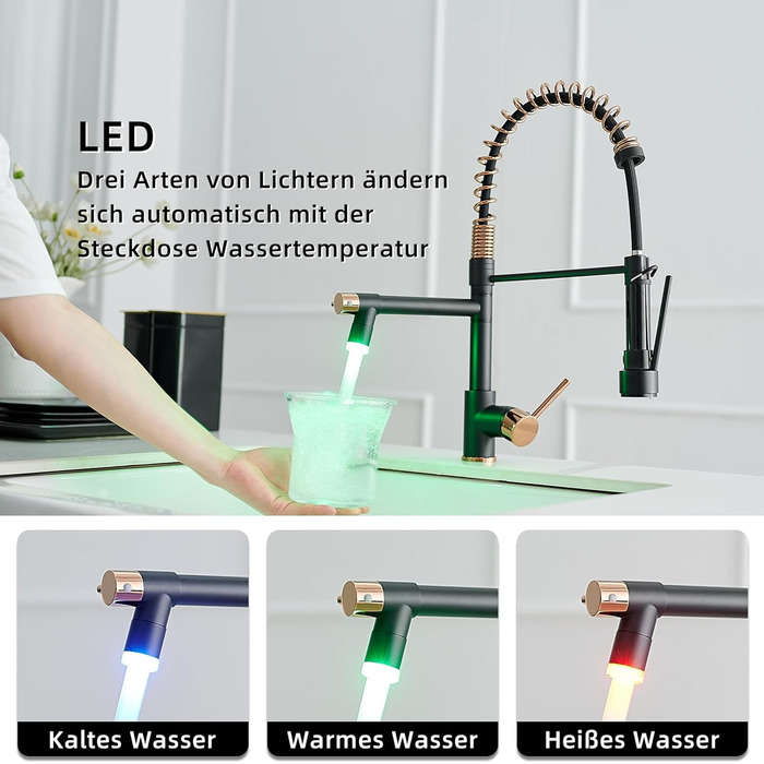 Змішувач кухонний AIMADI LED з витяжкою, поворотний 360°, чорний/рожеве золото