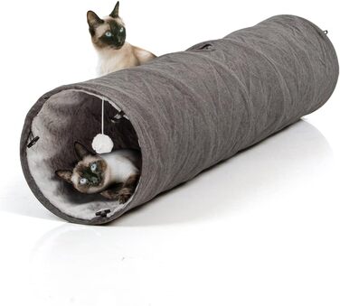 CanadianCat Company | XXL Cat Tunnel with Plush Fabric | gray | approx. 35 x 150 cm - Variable Shape, integrated cat toy
