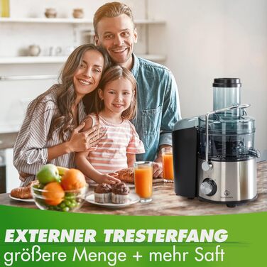 Центрифужна соковижималка Nutrilovers QUICK-JUICER MAX для овочів та фруктів, 800 Вт, XXL завантажувач, сталевий фільтр, зовнішній контейнер для м'якоті, BPA-free, з пляшкою та книгою рецептів
