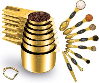 Gold-colored measuring cups and spoons, 15 pieces, 18/8 stainless steel, including 7 stackable metal measuring cups, 8 magnetic measuring spoons – ideal kitchen aids for cooking and baking