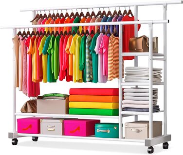 Вешалка для одягу на колесах, шестиярусна полиця з двома штангами, біла