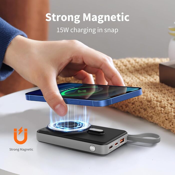 Powerbank MagSafe 20000mAh з PD 20W, USB-A, магнітним з'єднанням, інтегрованими кабелями, бездротовою зарядкою 15W, цифровим дисплеєм, сірий колір