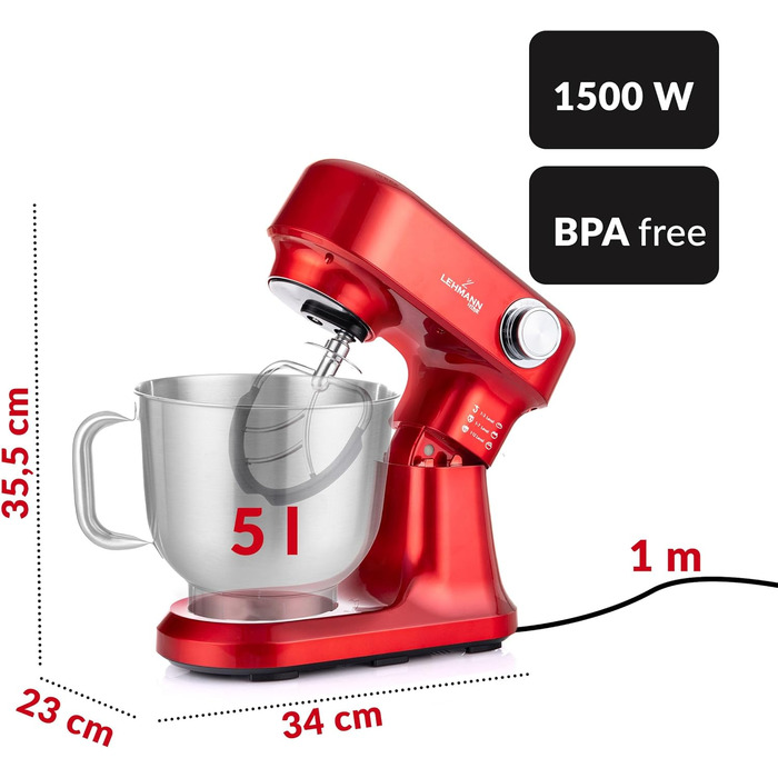 Кухонна машина LEHMANN 1500W з набором аксесуарів, планетарний міксер з чашею 5л, 12 швидкостей, захист від перегріву, червоний