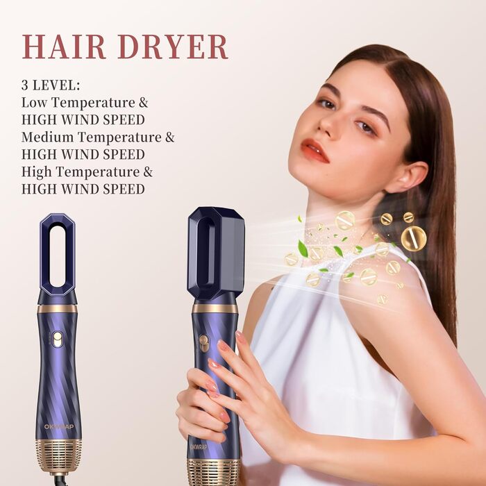 Набір для укладки волосся OKWRAP Airstyler 6 в 1: фен-щітка, автоматична завивка, об'ємні насадки, блакитний
