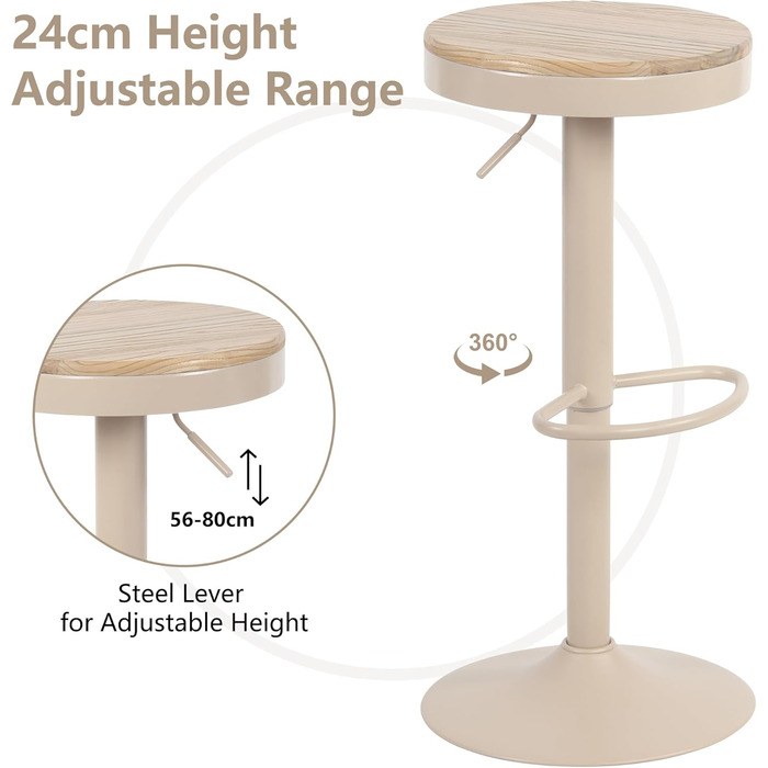 YOUNIKE Adjustable Bar Stools 2-Pack - Wooden Swivel Counter Height Chairs with Footrest for Kitchen & Bar (Vintage, Khaki)