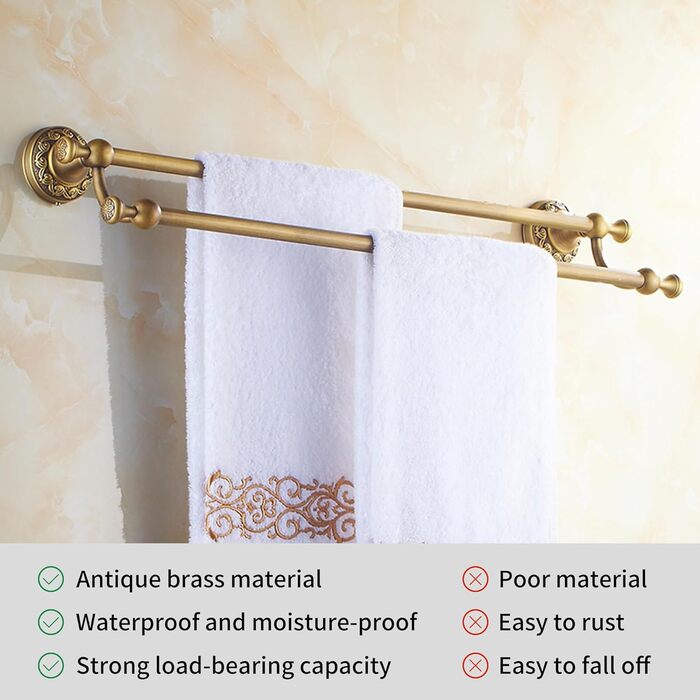 Brass toothbrush holder, antique bronze finish, cup holder with white ceramic cup, wall-mounted, bathroom accessory, patterned carving design (double towel holder)