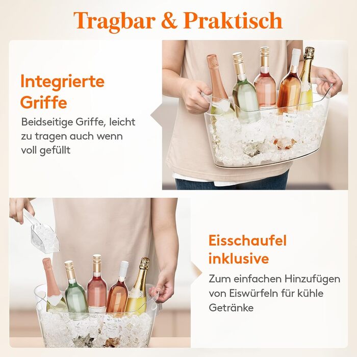 Охолоджувач для пляшок Lifewit 6,5L з лопаткою для льоду, пластиковий ведерко для шампанського (38 × 18 × 20cm), великий барний кулер з ручками для вина, пива, шампанського, напоїв, контейнер для фруктів та овочів
