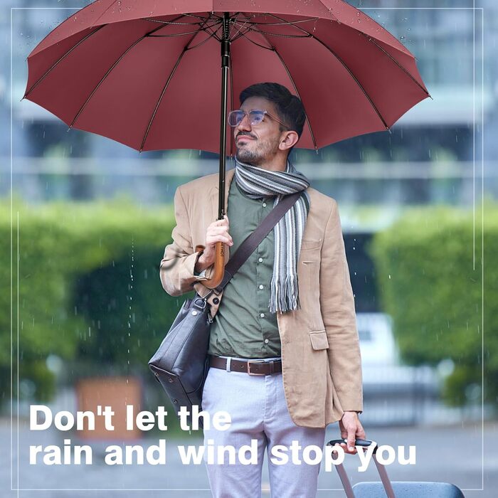 KEYHOT Windproof Umbrella - Large Stick Umbrella with Wooden Handle for Men & Women - 12 Ribs, XL - Burgundy, 118cm