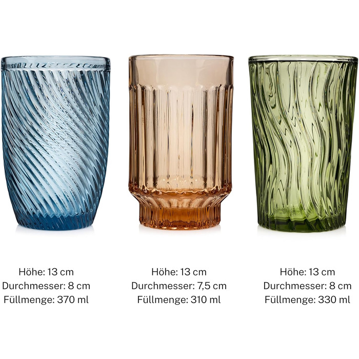 Sänger Drinking Glasses Set Faro - 6-Piece Glasses Set for 6 People made of Glass, Water Glasses, Multi-Colored, Unique Cut Design, Suitable for Everyday Use, Family Meals, Office, Outdoor Juice Glasses Set | 330 ml