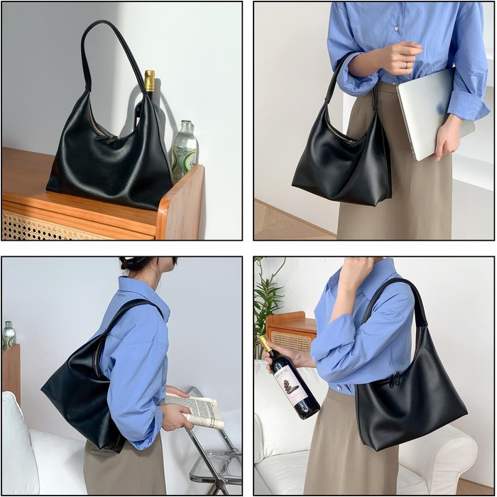 Сумка жіноча Hobo Bag з м'якої PU шкіри чорного кольору, велика сумка-тоут на плече для офісу та подорожей, вінтажний стиль