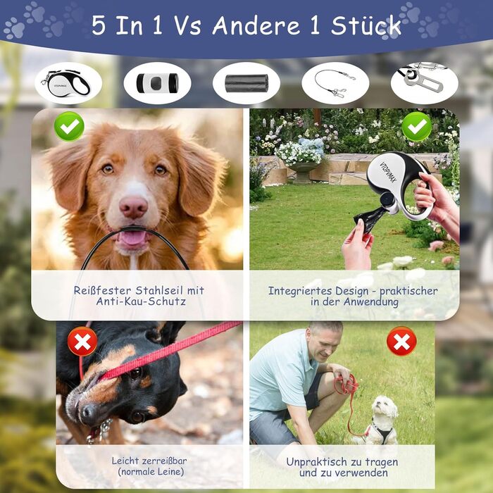 Висувна поводок для собак VTOPVMAX 8м - для середніх та великих собак до 50 кг, з відкидним тросом, контейнером для відходів та гальмом (білий)