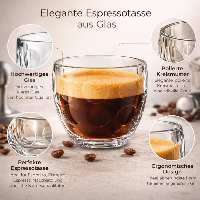 Набір скляних чашок для еспресо 80мл (6 шт.) - міцні скляні чашки для еспресо, мокко, сумісні з кавомашинами
