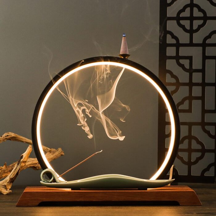 REAWOW Chinese Waterfall Incense Burner Incense Stick Holder with LED Light Incense Holder, Ceramic Incense Burner with 20 Incense Cones and 30 Sticks Incense