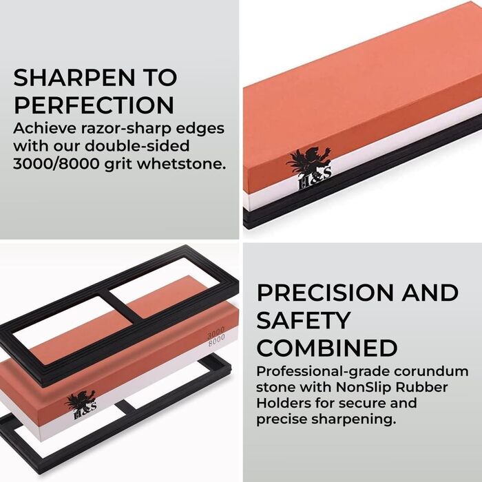 Набір точильного каміння H&S з неслизьким гумовим тримачем: двосторонній точильний камінь та брусок, зернистість 3000/8000, точилка для ножів, набір точильних каменів, мастильний камінь 10000, сталевий брусок