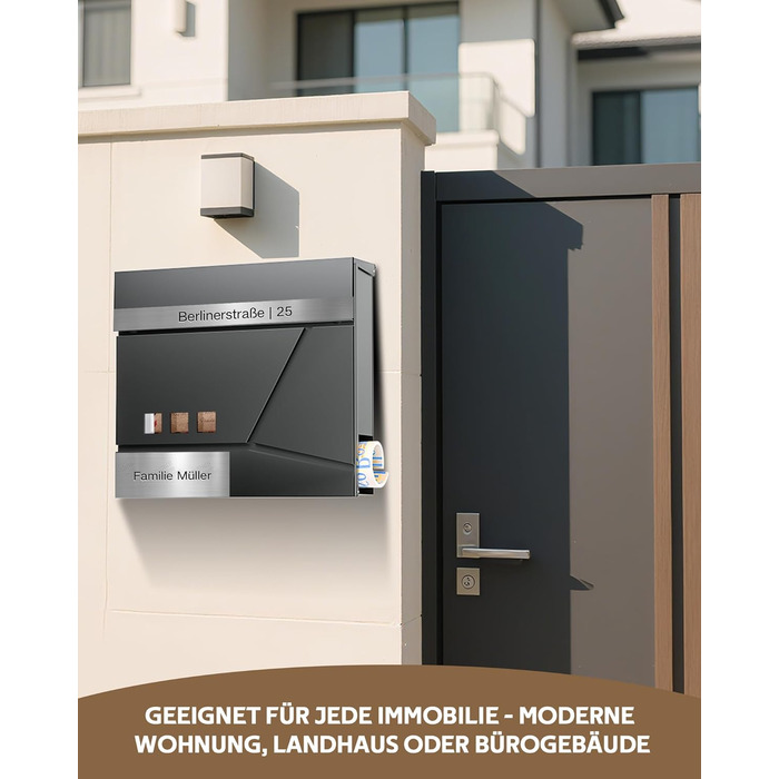Поштовий ящик Anthrazit з нержавіючої сталі з відділенням для газет (37x37x10 см), персоналізований з табличкою для імені, стійкий до погодних умов, наклейки проти небажаної реклами, настінний поштовий ящик