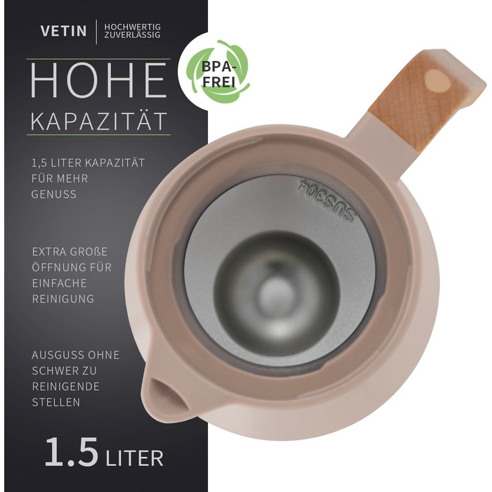VETIN 1.5L Thermos Flask 304 Stainless Steel Double-Walled Vacuum Insulation, Coffee Pot Thermo with Wood-Look Handle, Insulated Carafe 10h Heat / 16h Cold (Khaki)