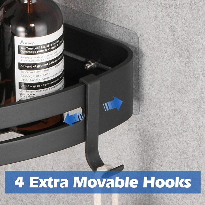 GRICOL Shower Caddy Corner Shelf Shower Shelf No Drilling Metal with 4 Hooks Shower Storage Bathroom Shelf with Sticker Bathroom Shelf for Bathroom and Kitchen 2 Tiers Black