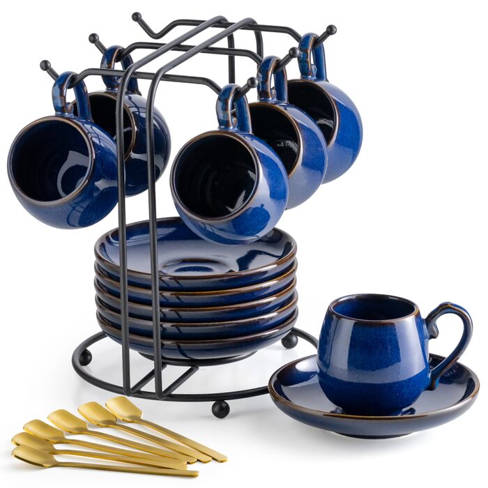 Набір чашок для еспресо LYEOBOH з підставками, 85 мл, 6 шт., кераміка, білий (кобальтовий блакитний)