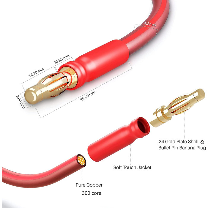 Акустичний кабель LONPOO LP42 з чистої міді та позолоченими бананоподібними роз'єктами, 14 AWG, 2 м, червоний (пара) для HiFi колонок
