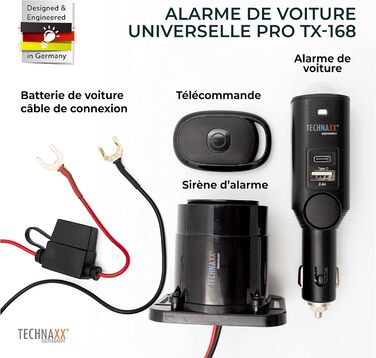 Сигналізація Technaxx TX-168 для авто, будинку, човна – 105 дБ, зовнішня сирена, кнопка тривоги, PIR-датчик руху, 2 USB, автономна робота 7 днів, легкий монтаж